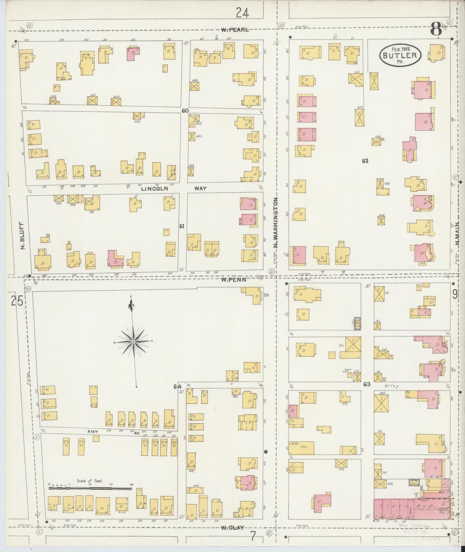 Sanborn Fire Insurance Map from Butler, Butler County, Pennsylvania (1906), Sheet #0008 - Historic Sanborn Fire Insurance Map Print, vintage old map wall art, antique decor, genealogy gift, Pennsylvania Pennsylvania map