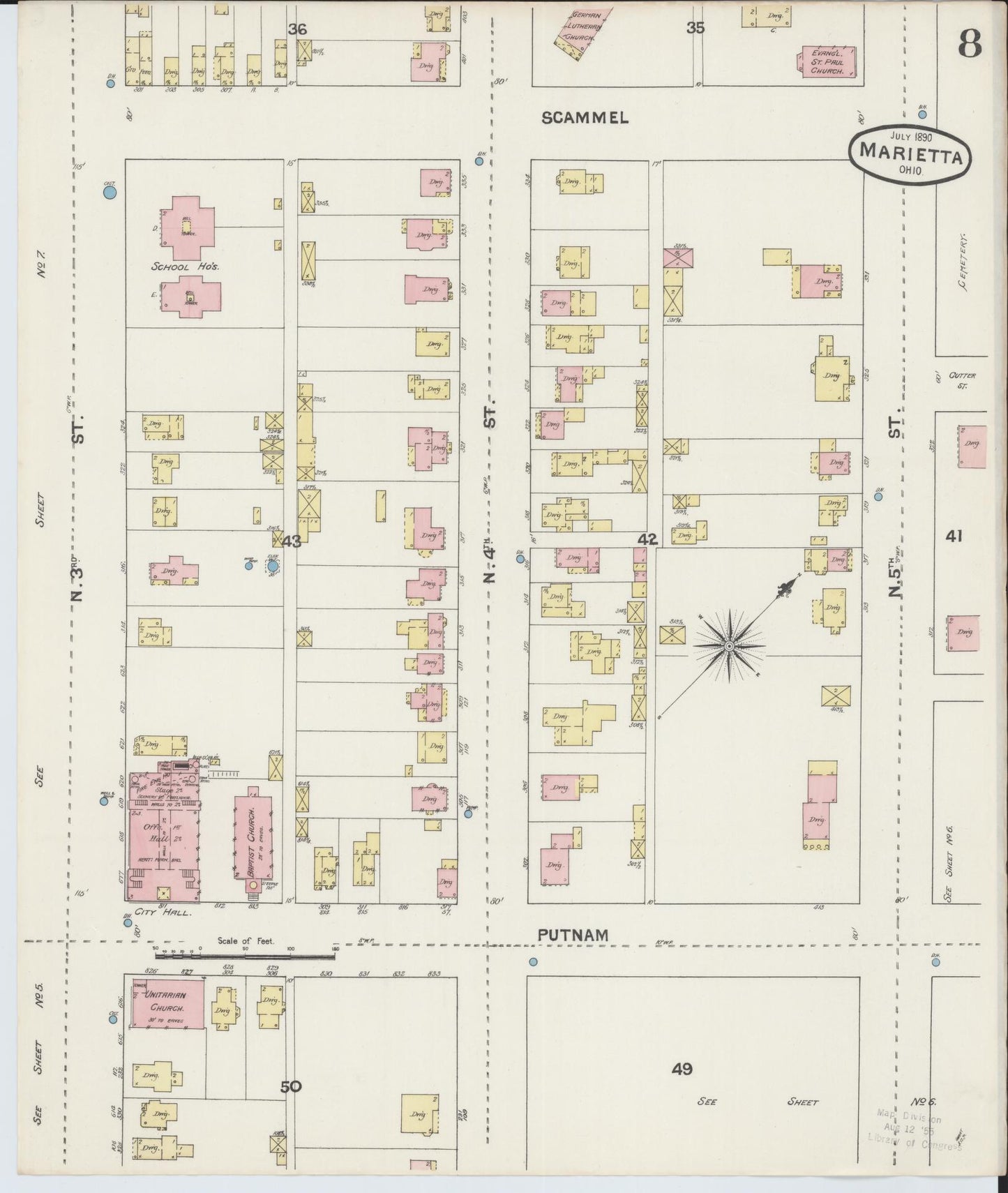 Sanborn Fire Insurance Map from Marietta, Washington County, Ohio (1890), Sheet #0008 - Historic Sanborn Fire Insurance Map Print, vintage old map wall art, antique decor, genealogy gift, Ohio Ohio map