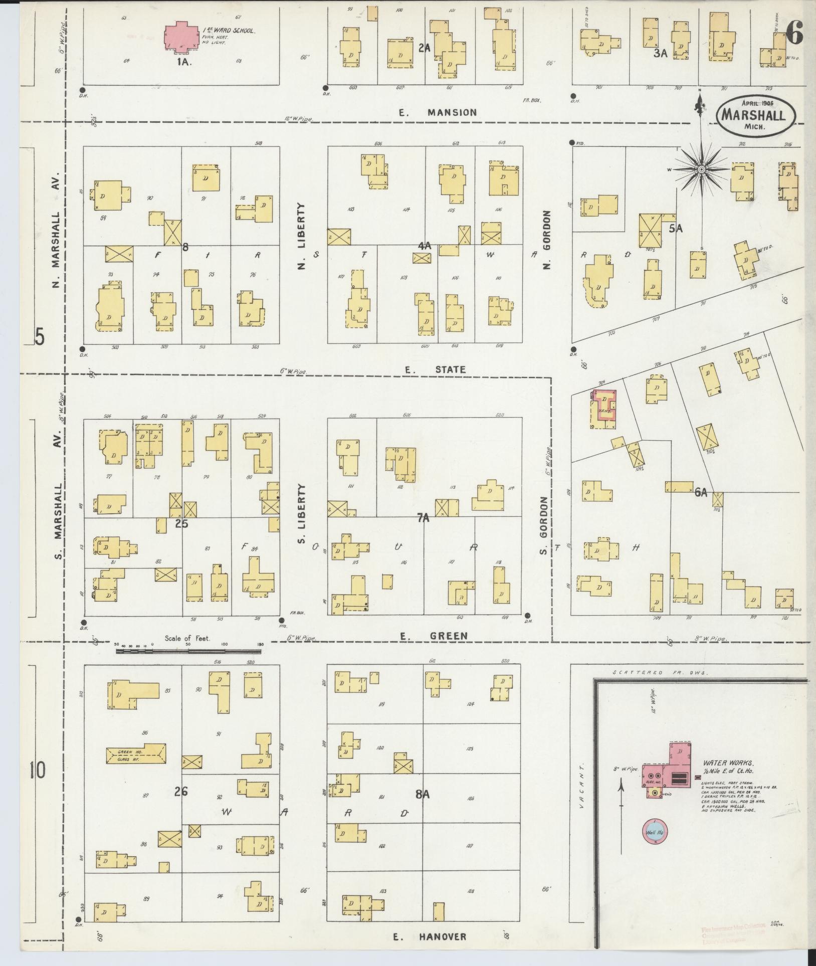 Sanborn Fire Insurance Map from Marshall, Calhoun County, Michigan (1906), Sheet #0006 - Complete Map Set gallery image, historic Sanborn map, vintage wall art, Michigan Michigan