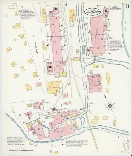 Sanborn Fire Insurance Map from Leaksville-spray, Rockingham County, North Carolina (1908), Sheet #0003 - Historic Sanborn Fire Insurance Map Print, vintage old map wall art, antique decor, genealogy gift, North Carolina North Carolina map