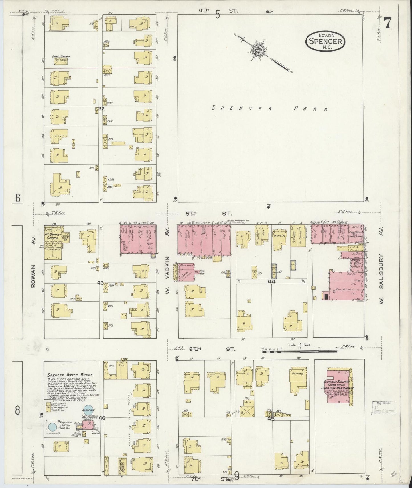 Sanborn Fire Insurance Map from Spencer, Rowan County, North Carolina (1913), Sheet #0007 - Complete Map Set gallery image, historic Sanborn map, vintage wall art, North Carolina North Carolina