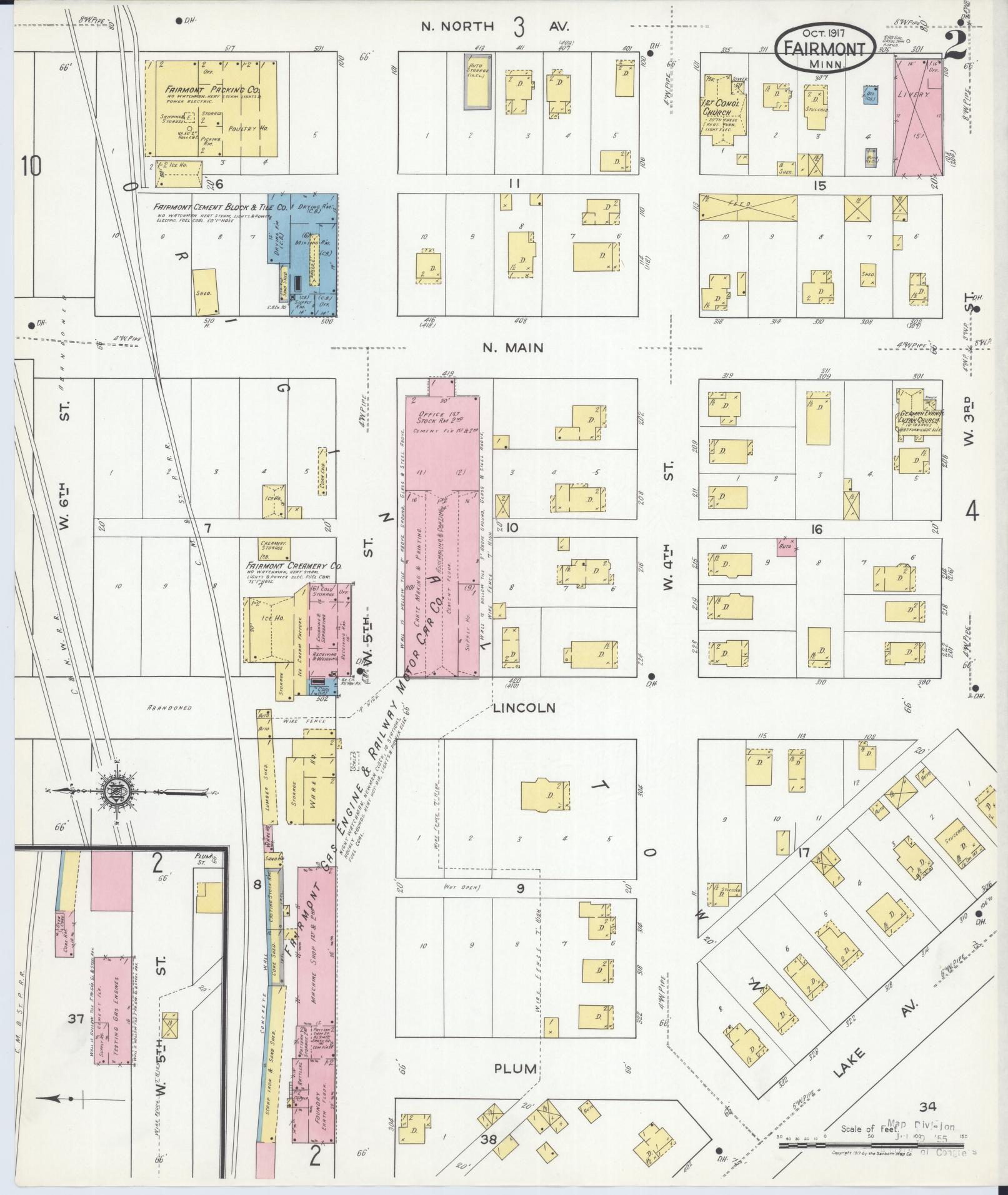 Sanborn Fire Insurance Map from Fairmont, Martin County, Minnesota (1917), Sheet #0002 - Historic Sanborn Fire Insurance Map Print, vintage old map wall art, antique decor, genealogy gift, Minnesota Minnesota map