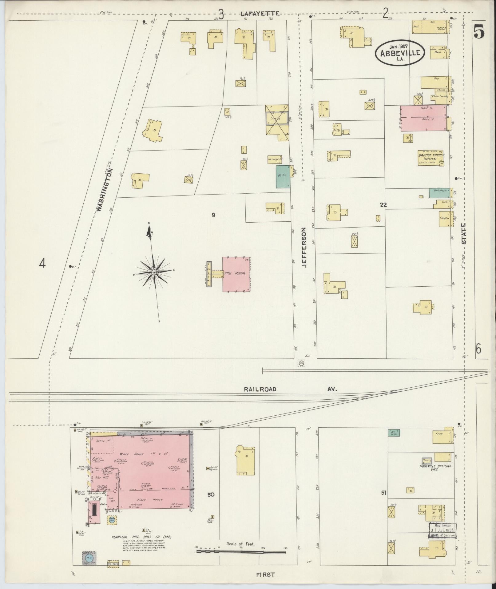 Sanborn Fire Insurance Map from Abbeville, Vermilion Parish, Louisiana (1907), Sheet #0005 - Historic Sanborn Fire Insurance Map Print, vintage old map wall art, antique decor, genealogy gift, Louisiana Louisiana map
