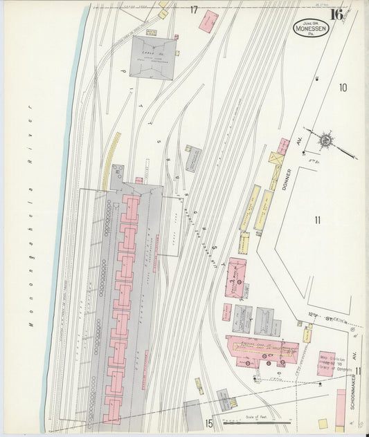 Sanborn Fire Insurance Map from Monessen, Westmoreland County, Pennsylvania (1914), Sheet #0016 - Historic Sanborn Fire Insurance Map Print, vintage old map wall art, antique decor, genealogy gift, Pennsylvania Pennsylvania map