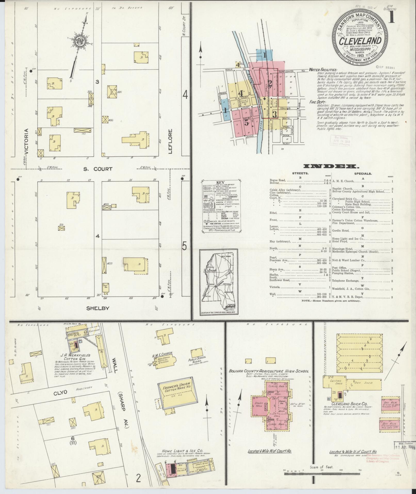 Sanborn Fire Insurance Map from Cleveland, Bolivar County, Mississippi (1913), Sheet #0001 - Complete Map Set gallery image, historic Sanborn map, vintage wall art, Mississippi Mississippi