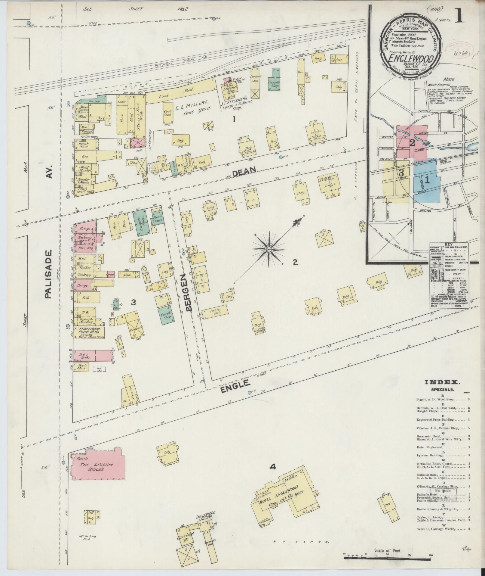 Sanborn Fire Insurance Map from Englewood, Bergen County, New Jersey (1890), Sheet #0001 - Historic Sanborn Fire Insurance Map Print, vintage old map wall art, antique decor, genealogy gift, New Jersey New Jersey map