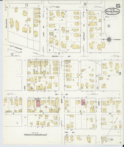 Sanborn Fire Insurance Map from Benton Harbor, Berrien County, Michigan (1911), Sheet #0015 - Historic Sanborn Fire Insurance Map Print, vintage old map wall art, antique decor, genealogy gift, Michigan Michigan map