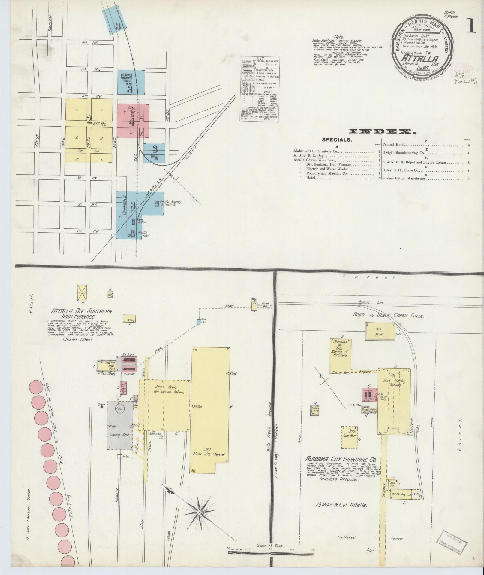 Sanborn Fire Insurance Map from Attalla, Etowah County, Alabama (1897), Sheet #0001 - Complete Map Set gallery image, historic Sanborn map, vintage wall art, Alabama Alabama