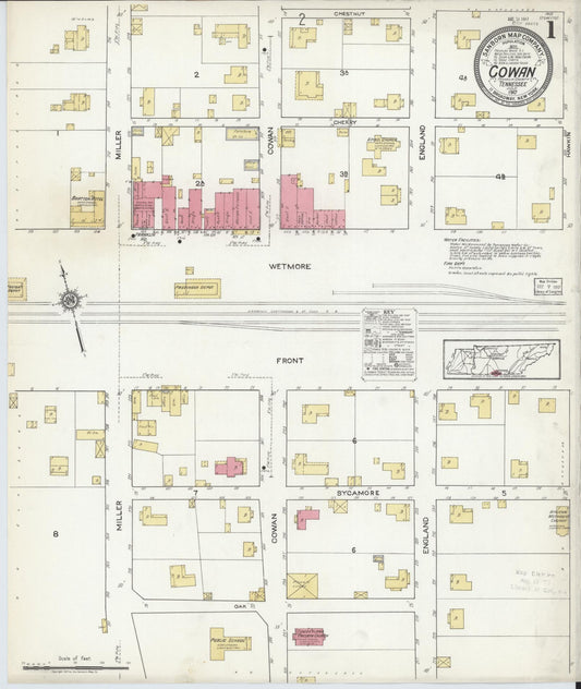 Sanborn Fire Insurance Map from Cowan, Franklin County, Tennessee (1917), Sheet #0001 - Historic Sanborn Fire Insurance Map Print, vintage old map wall art, antique decor, genealogy gift, Tennessee Tennessee map