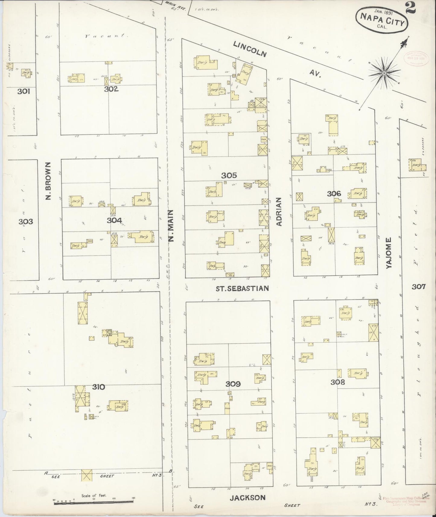 Sanborn Fire Insurance Map from Napa, Napa County, California (1891), Sheet #0002 - Complete Map Set gallery image, historic Sanborn map, vintage wall art, California California