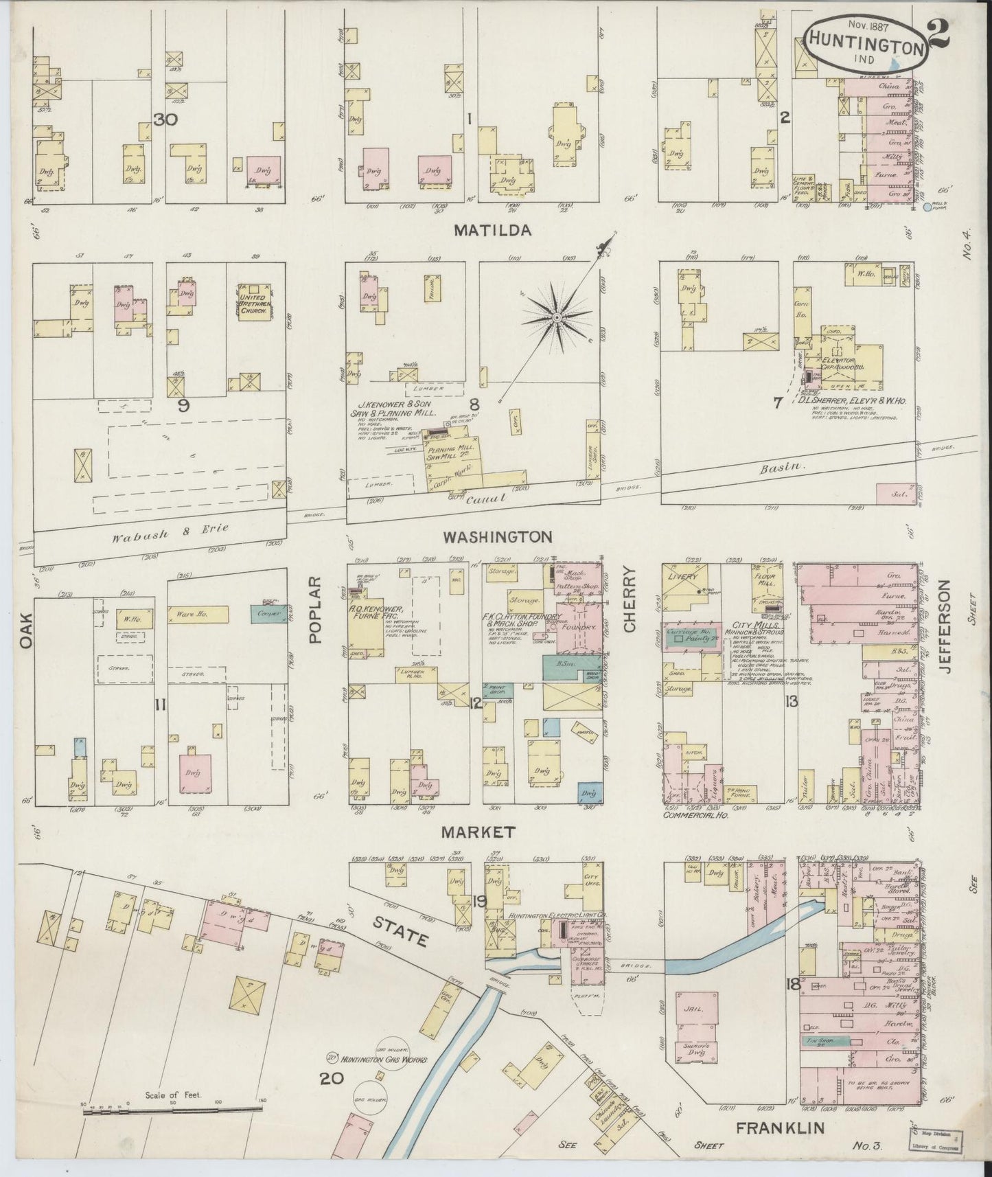 Sanborn Fire Insurance Map from Huntington, Huntington County, Indiana (1887), Sheet #0002 - Complete Map Set gallery image, historic Sanborn map, vintage wall art, Indiana Indiana