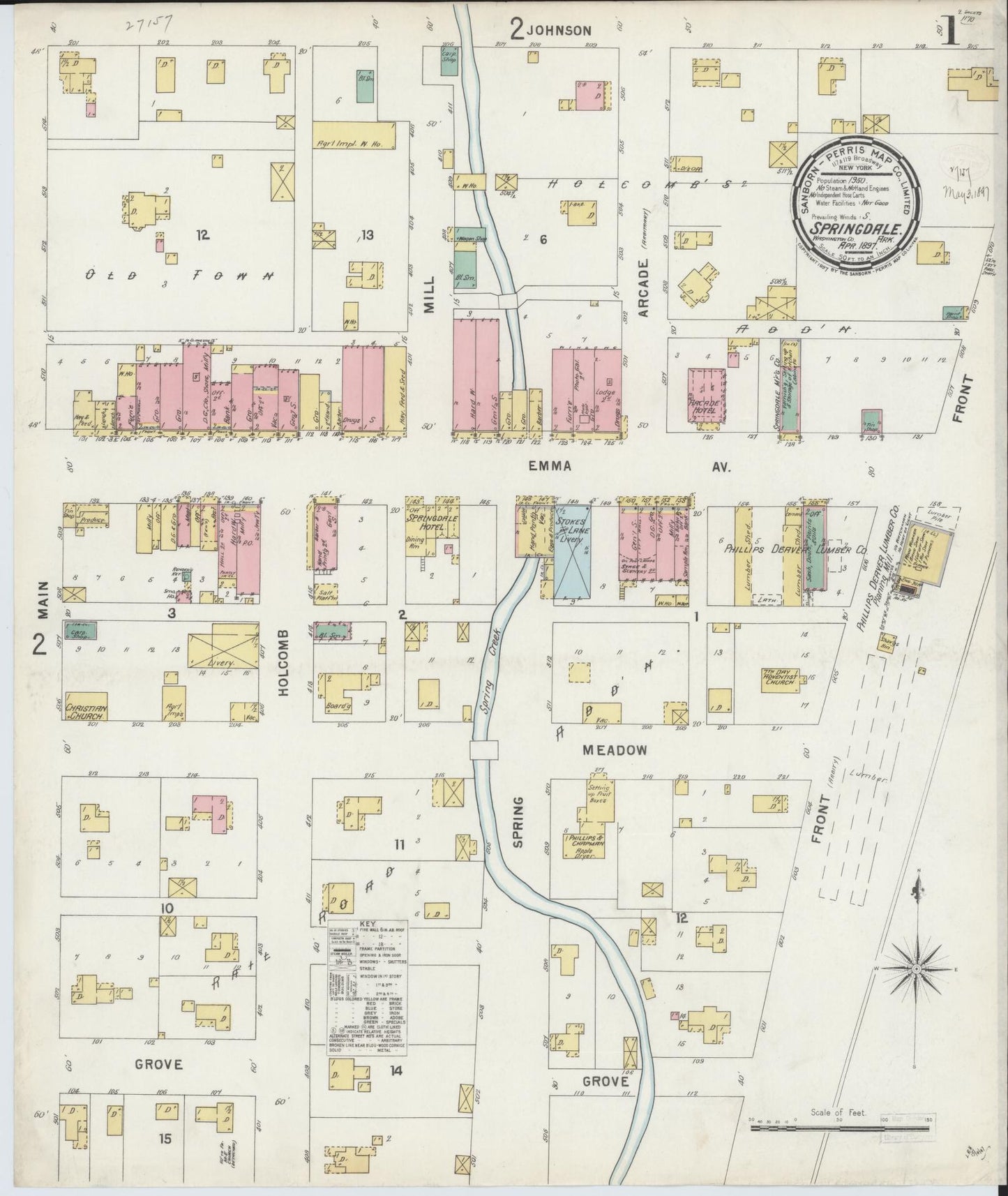 Sanborn Fire Insurance Map from Springdale, Washington County, Arkansas (1897), Sheet #0001 - Complete Map Set gallery image, historic Sanborn map, vintage wall art, Arkansas Arkansas