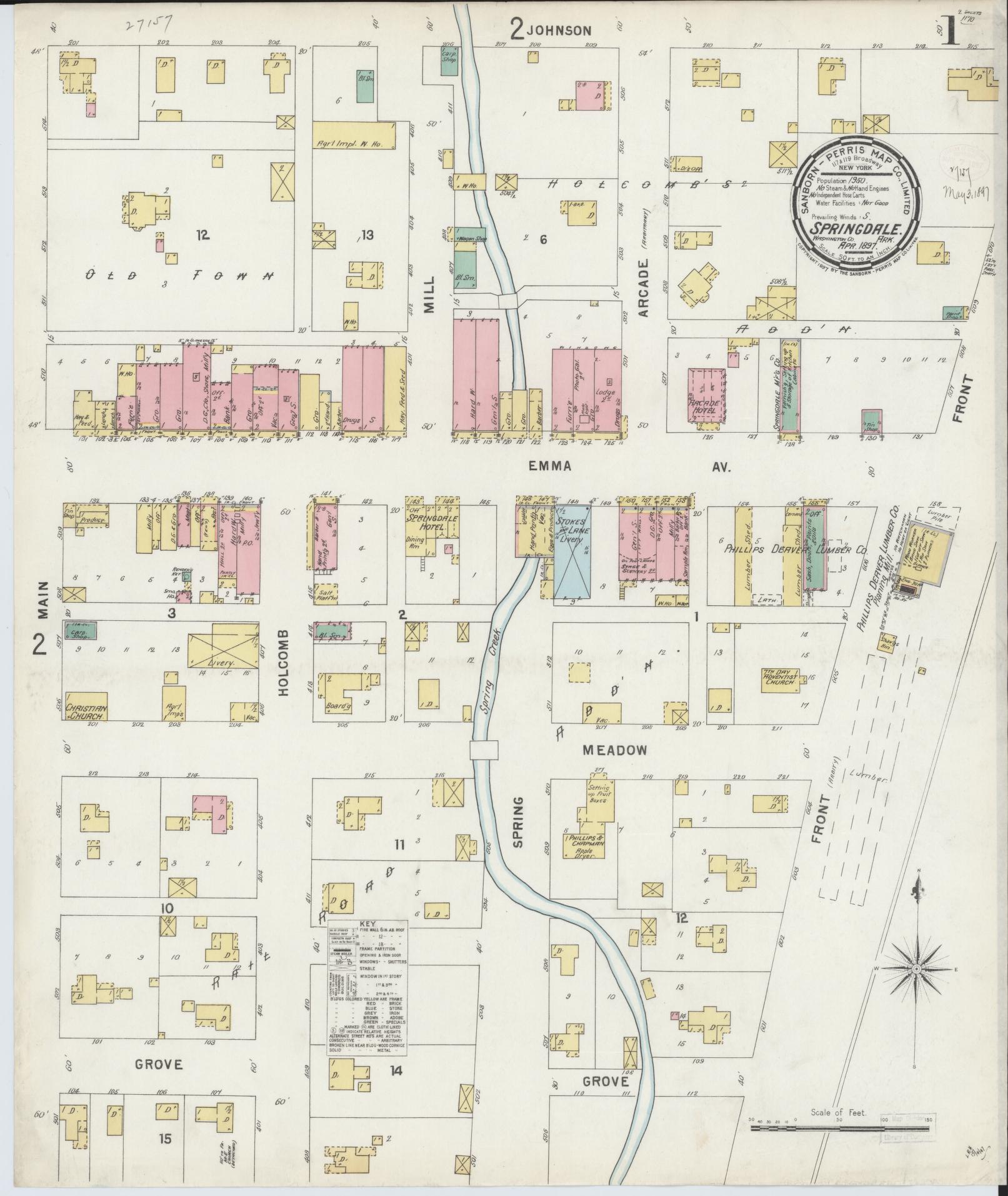 Sanborn Fire Insurance Map from Springdale, Washington County, Arkansas (1897), Sheet #0001 - Complete Map Set gallery image, historic Sanborn map, vintage wall art, Arkansas Arkansas