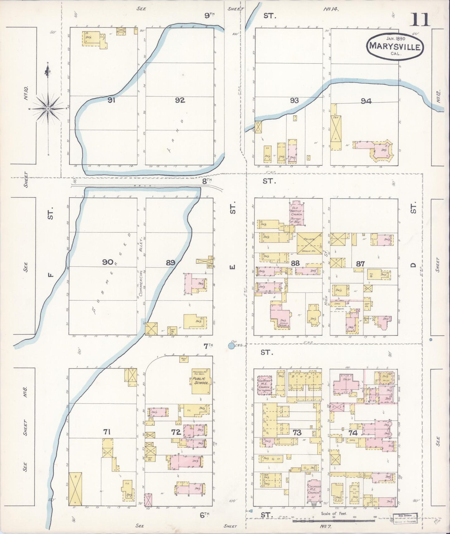 Sanborn Fire Insurance Map from Marysville, Yuba County, California (1890), Sheet #0011 - Historic Sanborn Fire Insurance Map Print, vintage old map wall art, antique decor, genealogy gift, California California map