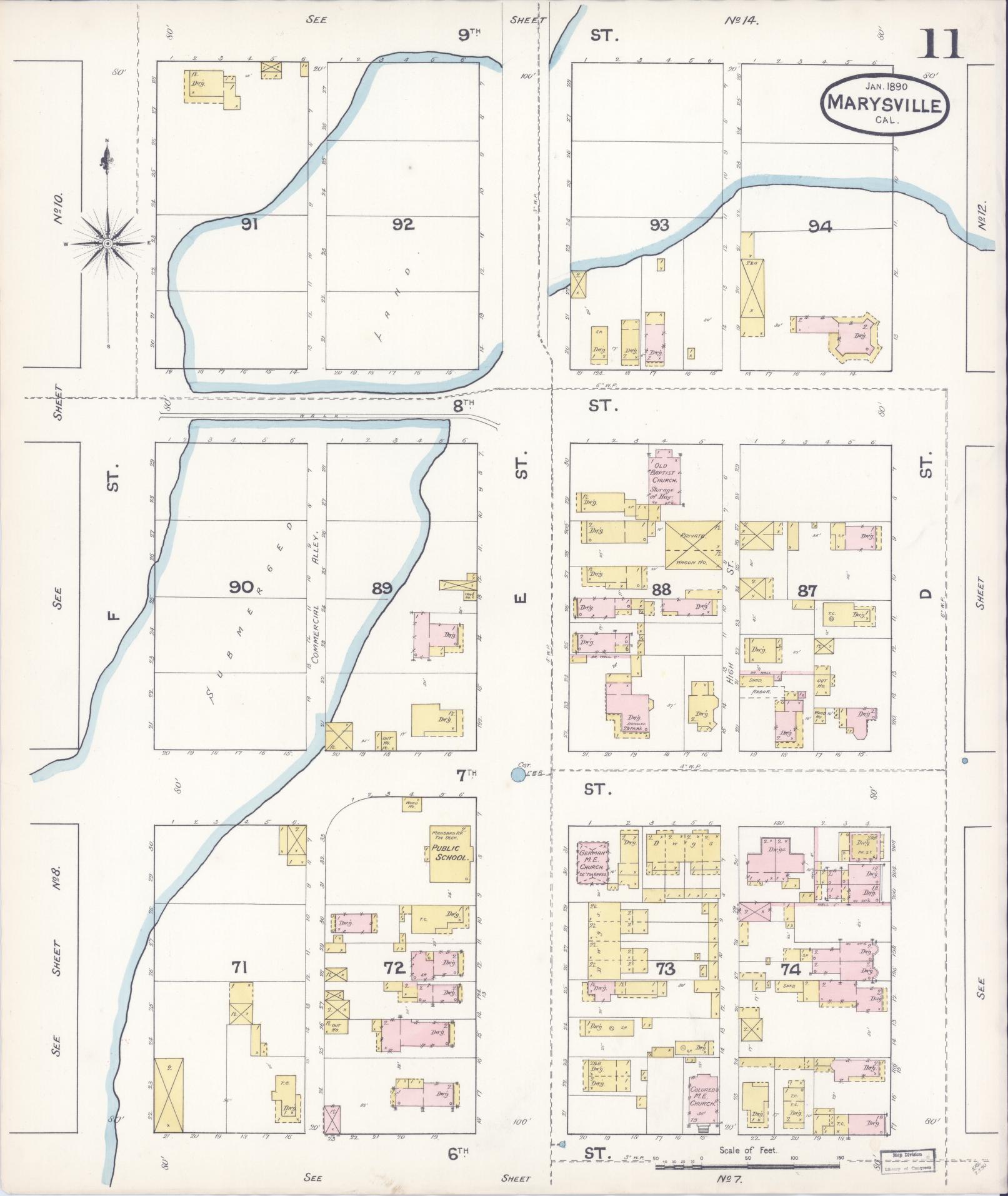 Sanborn Fire Insurance Map from Marysville, Yuba County, California (1890), Sheet #0011 - Historic Sanborn Fire Insurance Map Print, vintage old map wall art, antique decor, genealogy gift, California California map