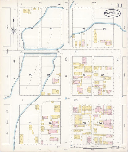 Sanborn Fire Insurance Map from Marysville, Yuba County, California (1890), Sheet #0011 - Historic Sanborn Fire Insurance Map Print, vintage old map wall art, antique decor, genealogy gift, California California map