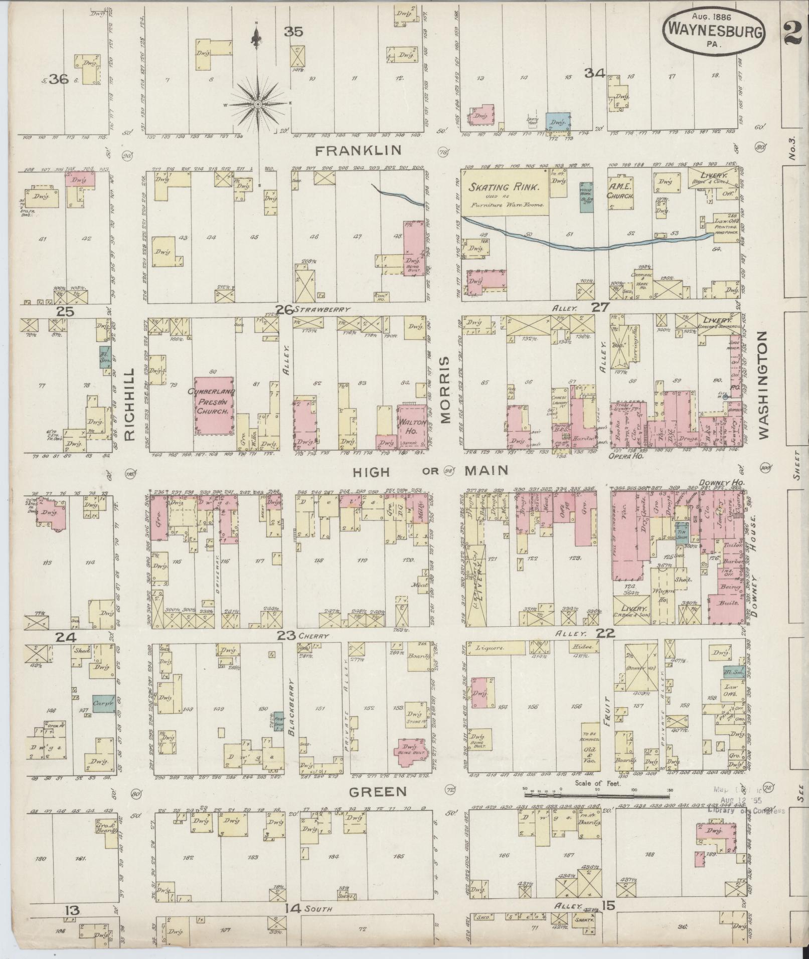 Sanborn Fire Insurance Map from Waynesburg, Greene County, Pennsylvania (1886), Sheet #0002 - Complete Map Set gallery image, historic Sanborn map, vintage wall art, Pennsylvania Pennsylvania