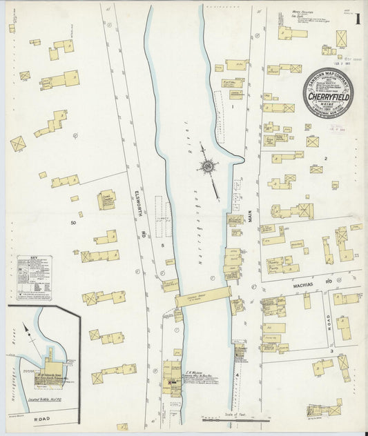 Sanborn Fire Insurance Map from Cherryfield, Washington County, Maine (1911), Sheet #0001 - Complete Map Set gallery image, historic Sanborn map, vintage wall art, Maine Maine