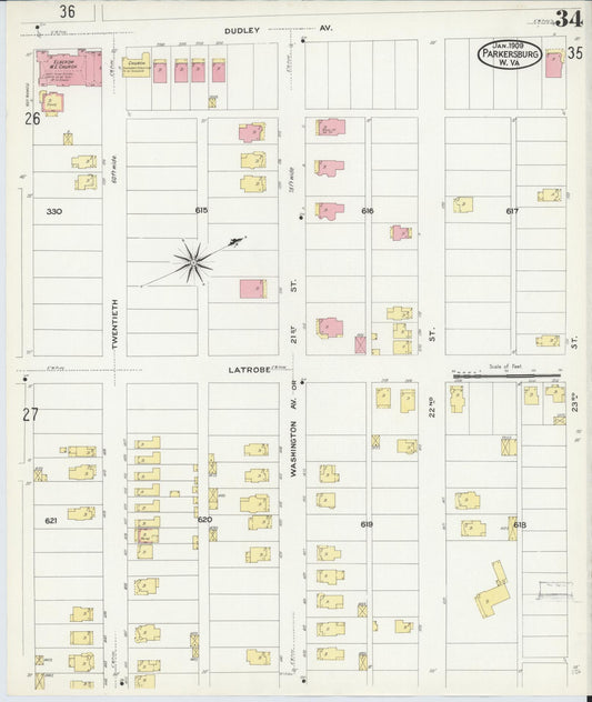Sanborn Fire Insurance Map from Parkersburg, Wood County, West Virginia (1909), Sheet #0034 - Historic Sanborn Fire Insurance Map Print, vintage old map wall art, antique decor, genealogy gift, West Virginia West Virginia map