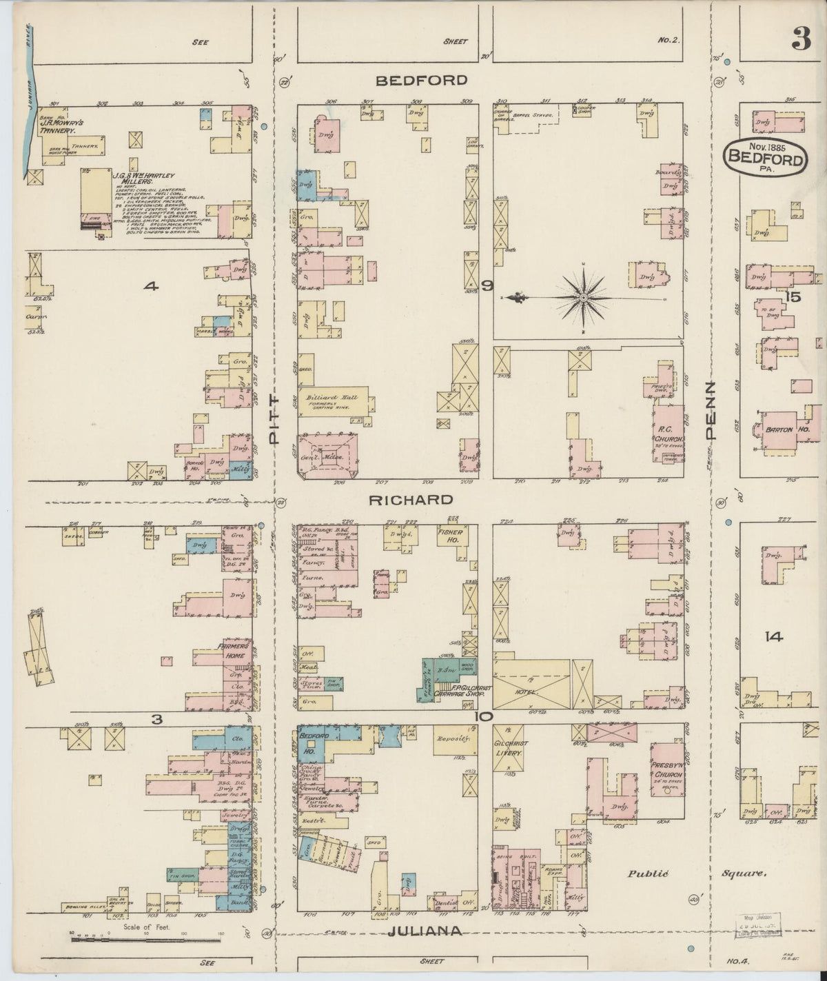 Sanborn Fire Insurance Map from Bedford, Bedford County, Pennsylvania (1885), Sheet #0003 - Complete Map Set gallery image, historic Sanborn map, vintage wall art, Pennsylvania Pennsylvania