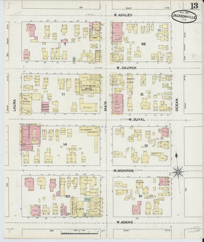 Sanborn Fire Insurance Map from Jacksonville, Duval County, Florida (1891), Sheet #0013 - Complete Map Set gallery image, historic Sanborn map, vintage wall art, Florida Florida
