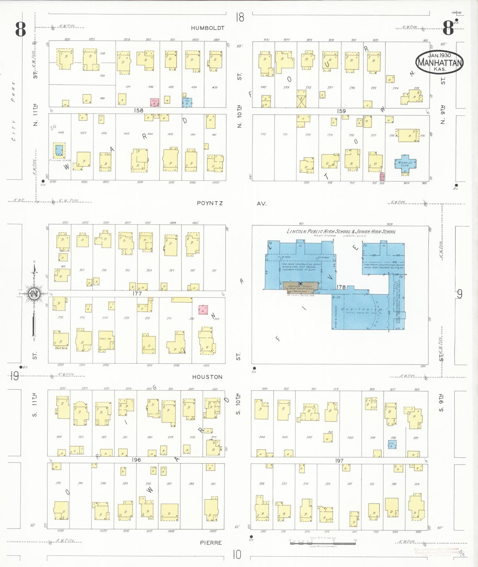 Sanborn Fire Insurance Map from Manhattan, Riley County, Kansas (1930), Sheet #0008 - Historic Sanborn Fire Insurance Map Print, vintage old map wall art, antique decor, genealogy gift, Kansas Kansas map