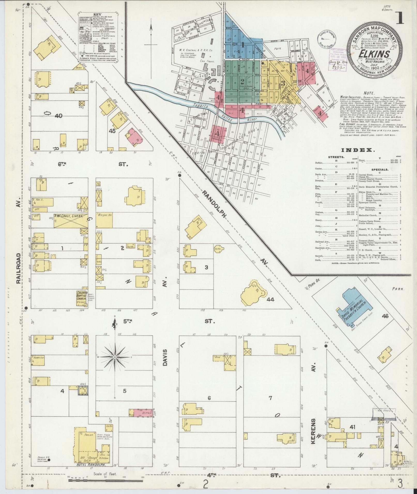 Sanborn Fire Insurance Map from Elkins, Randolph County, West Virginia (1902), Sheet #0001 - Complete Map Set gallery image, historic Sanborn map, vintage wall art, West Virginia West Virginia