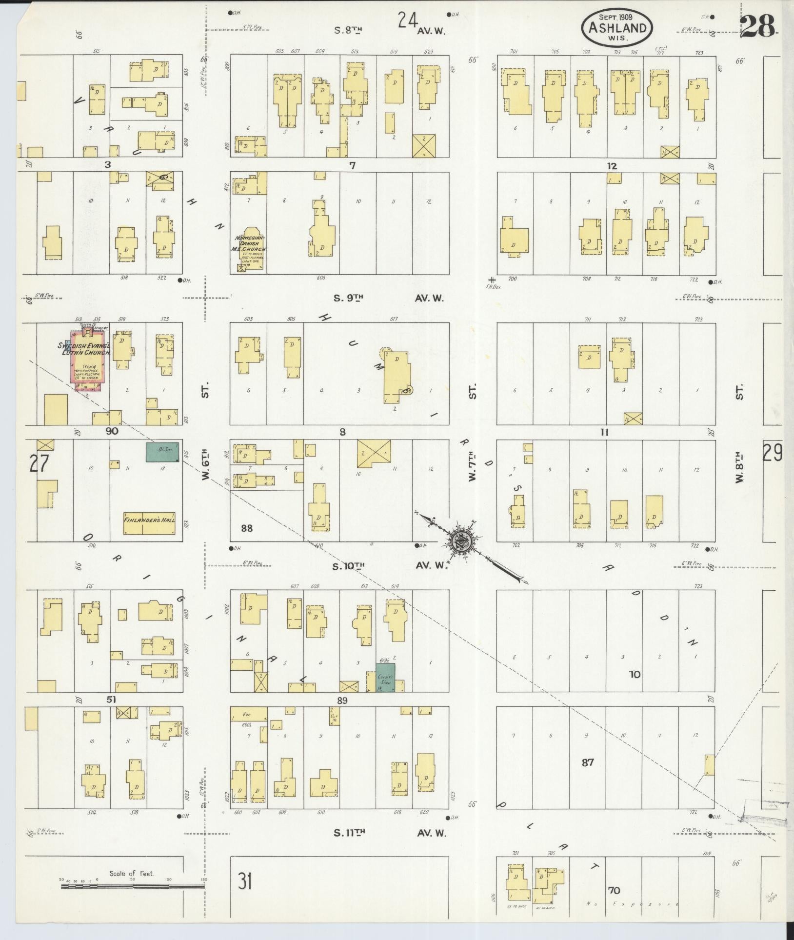Sanborn Fire Insurance Map from Ashland, Ashland County, Wisconsin (1909), Sheet #0028 - Historic Sanborn Fire Insurance Map Print, vintage old map wall art, antique decor, genealogy gift, Wisconsin Wisconsin map