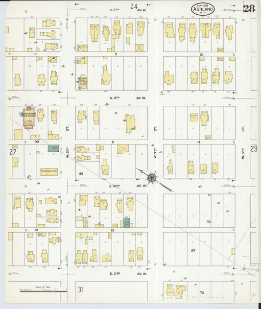 Sanborn Fire Insurance Map from Ashland, Ashland County, Wisconsin (1909), Sheet #0028 - Historic Sanborn Fire Insurance Map Print, vintage old map wall art, antique decor, genealogy gift, Wisconsin Wisconsin map