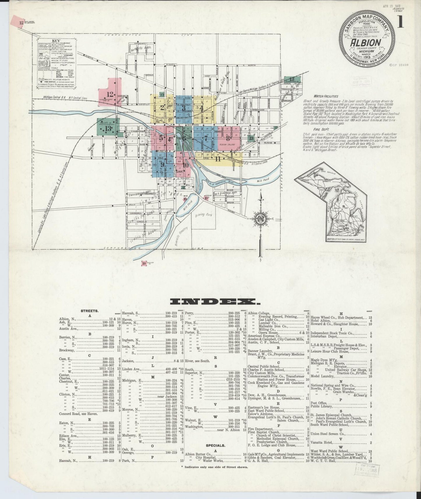 Sanborn Fire Insurance Map from Albion, Calhoun County, Michigan (1913), Sheet #0001 - Complete Map Set gallery image, historic Sanborn map, vintage wall art, Michigan Michigan