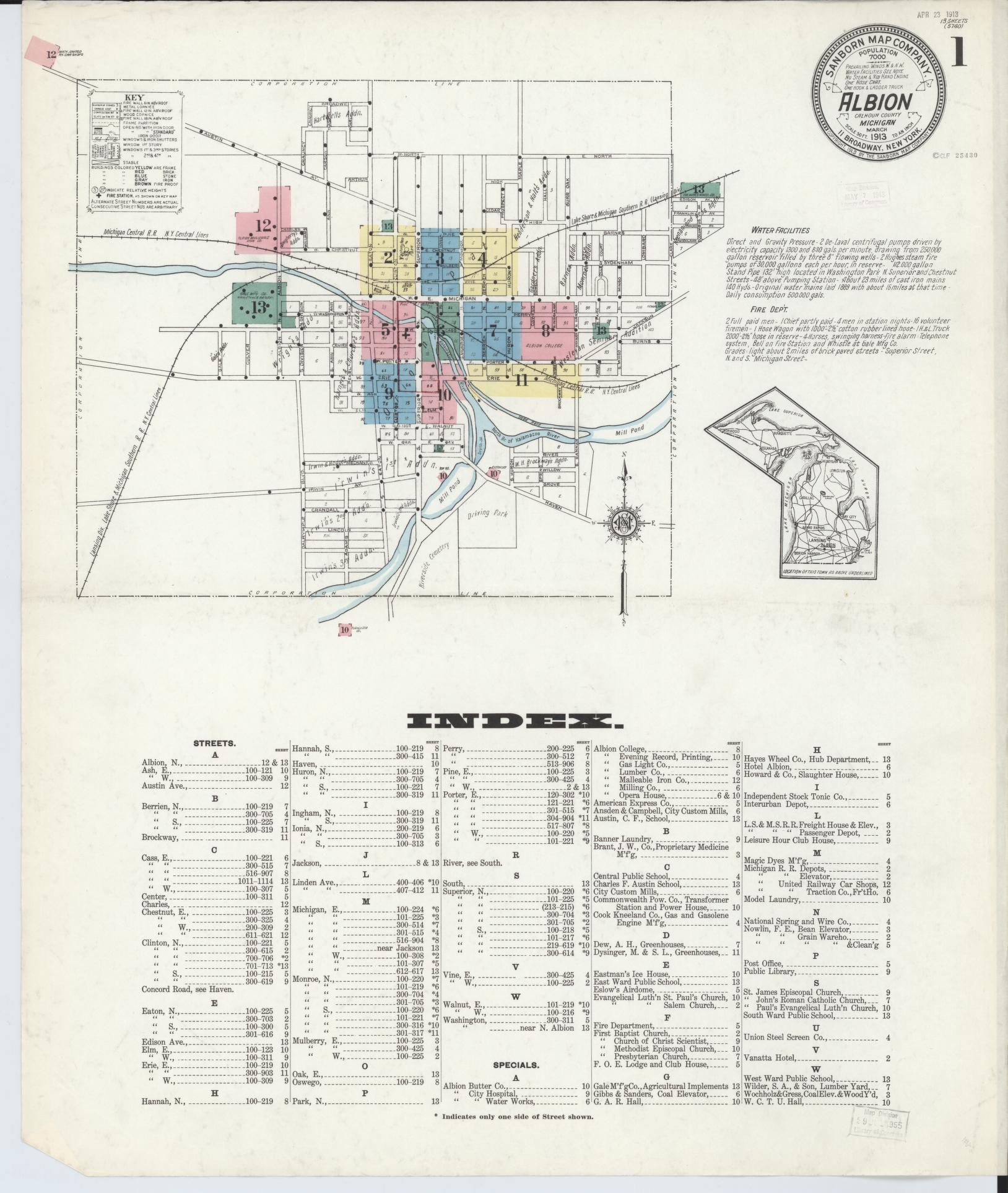 Sanborn Fire Insurance Map from Albion, Calhoun County, Michigan (1913), Sheet #0001 - Complete Map Set gallery image, historic Sanborn map, vintage wall art, Michigan Michigan