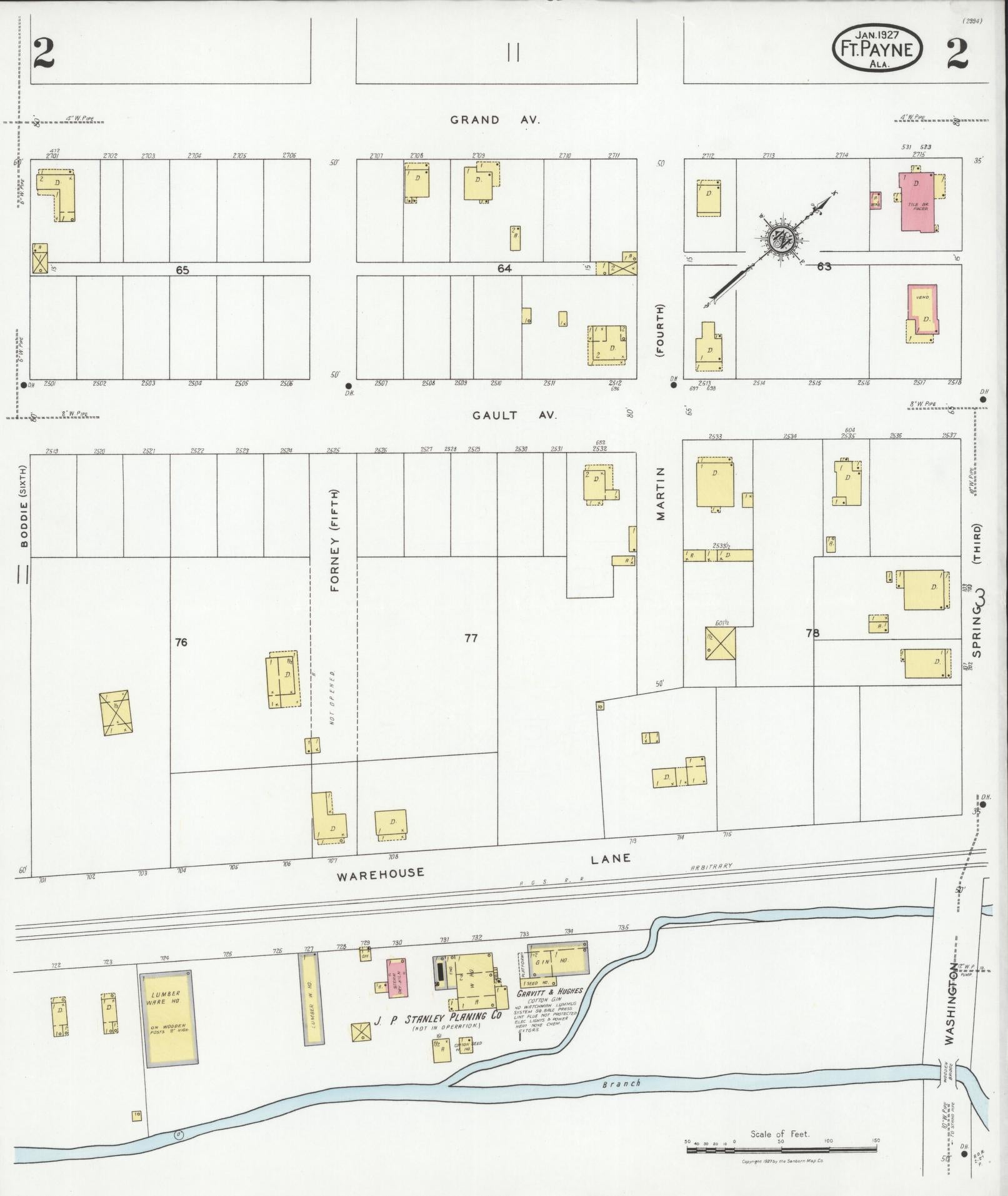 Sanborn Fire Insurance Map from Fort Payne, Dekalb County, Alabama (1927), Sheet #0002 - Complete Map Set gallery image, historic Sanborn map, vintage wall art, Alabama Alabama