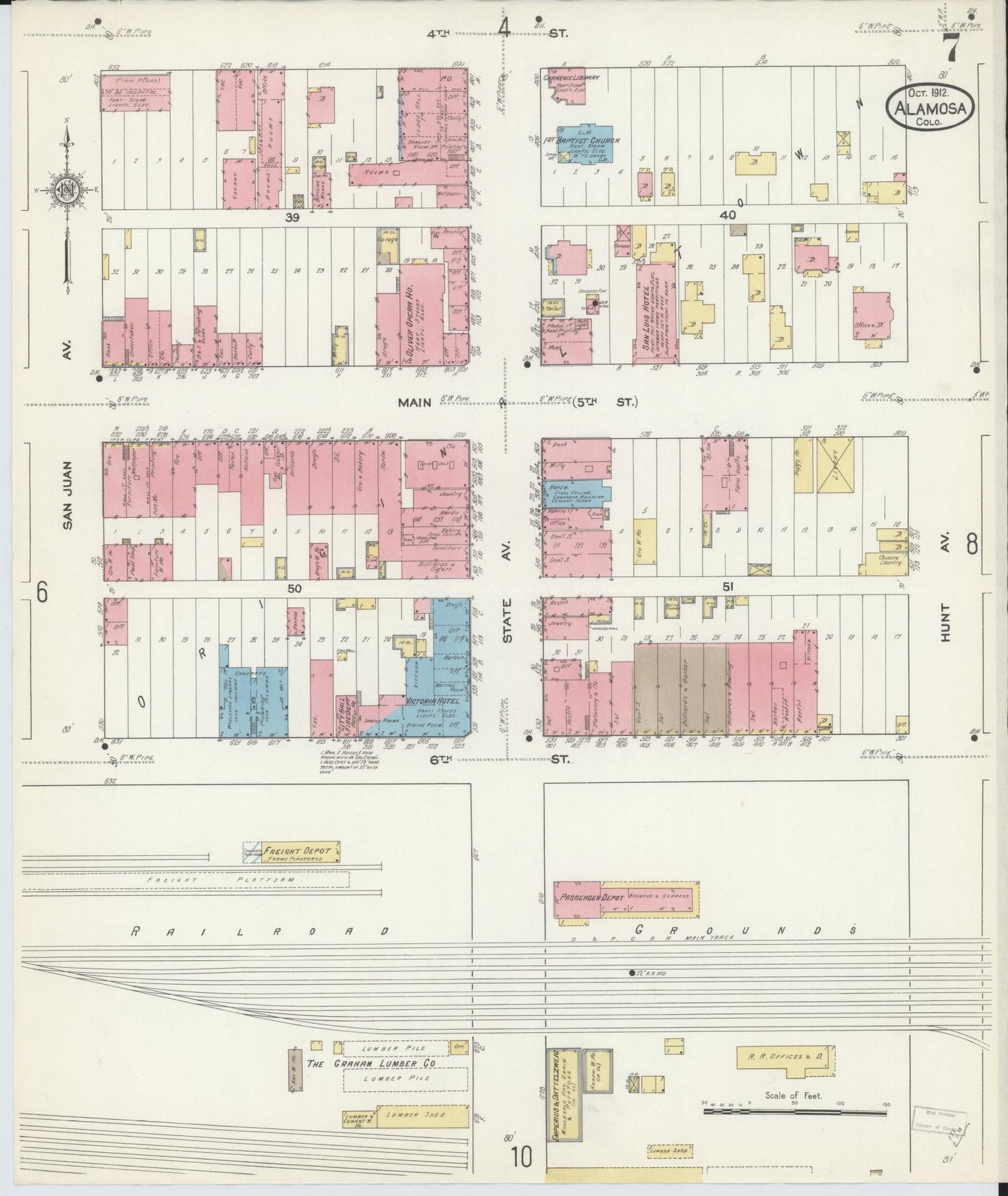 Sanborn Fire Insurance Map from Alamosa, Alamosa County, Colorado (1912), Sheet #0007 - Historic Sanborn Fire Insurance Map Print, vintage old map wall art, antique decor, genealogy gift, Colorado Colorado map
