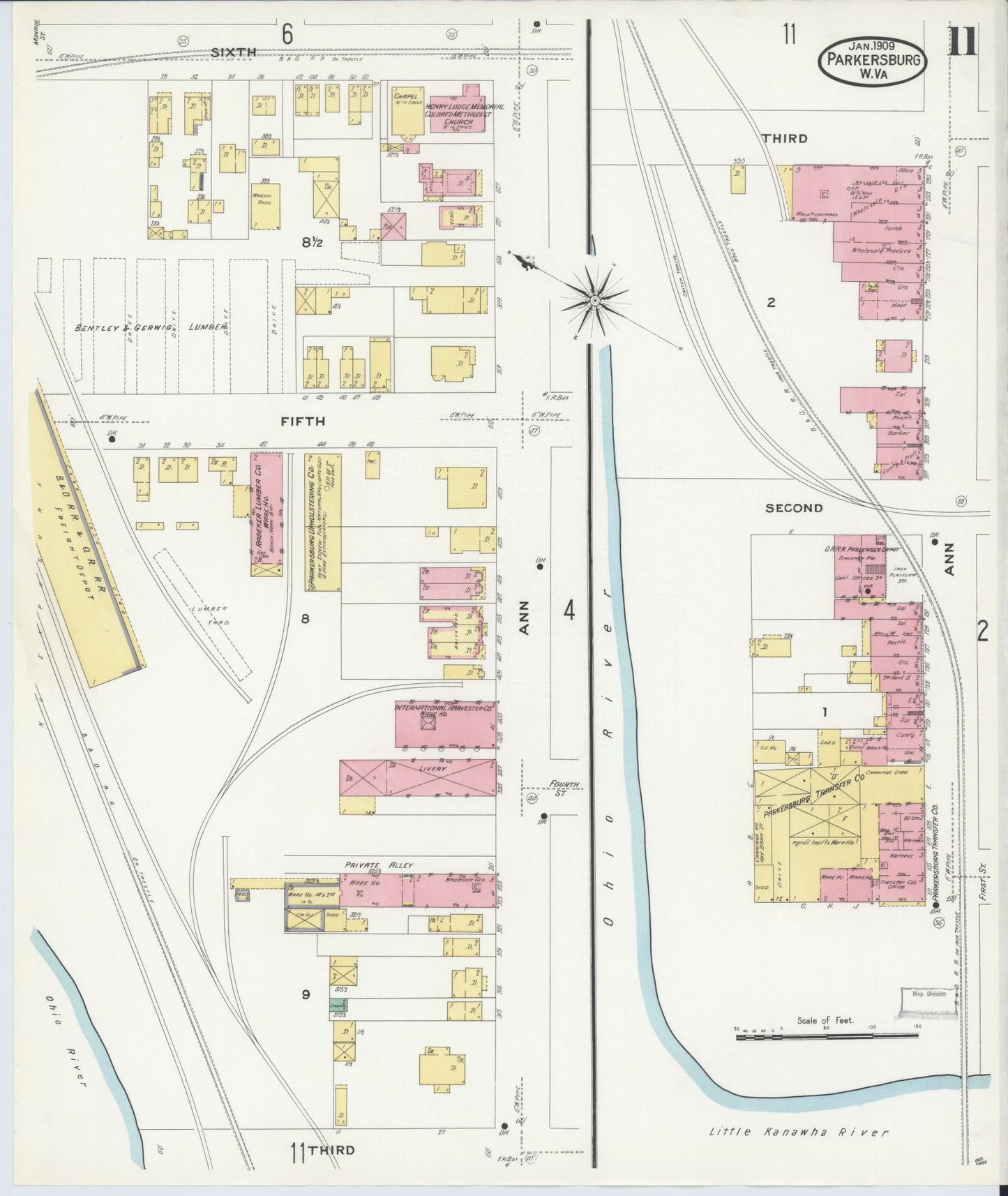 Sanborn Fire Insurance Map from Parkersburg, Wood County, West Virginia (1909), Sheet #0011 - Complete Map Set gallery image, historic Sanborn map, vintage wall art, West Virginia West Virginia