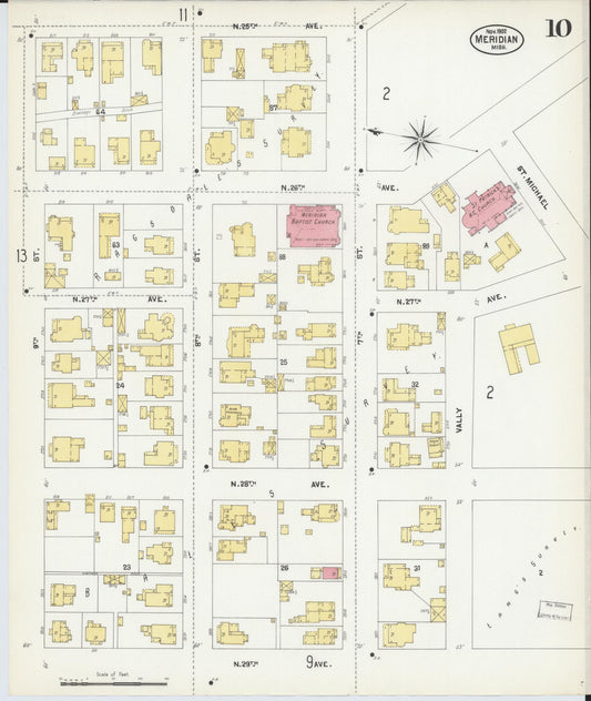 Sanborn Fire Insurance Map from Meridian, Lauderdale County, Mississippi (1902), Sheet #0010 - Historic Sanborn Fire Insurance Map Print, vintage old map wall art, antique decor, genealogy gift, Mississippi Mississippi map
