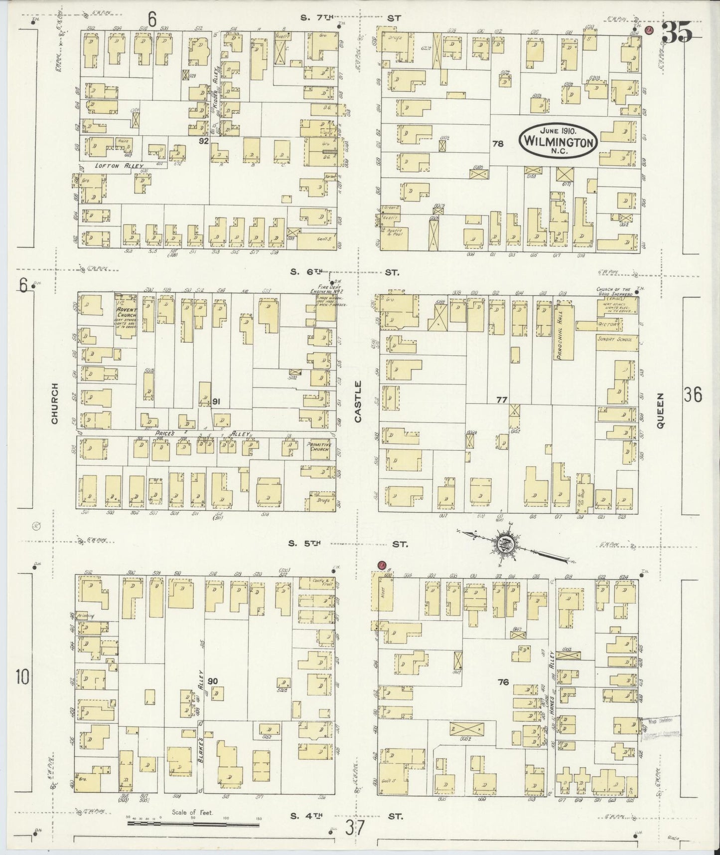 Sanborn Fire Insurance Map from Wilmington, New Hanover County, North Carolina (1910), Sheet #0035 - Complete Map Set gallery image, historic Sanborn map, vintage wall art, North Carolina North Carolina