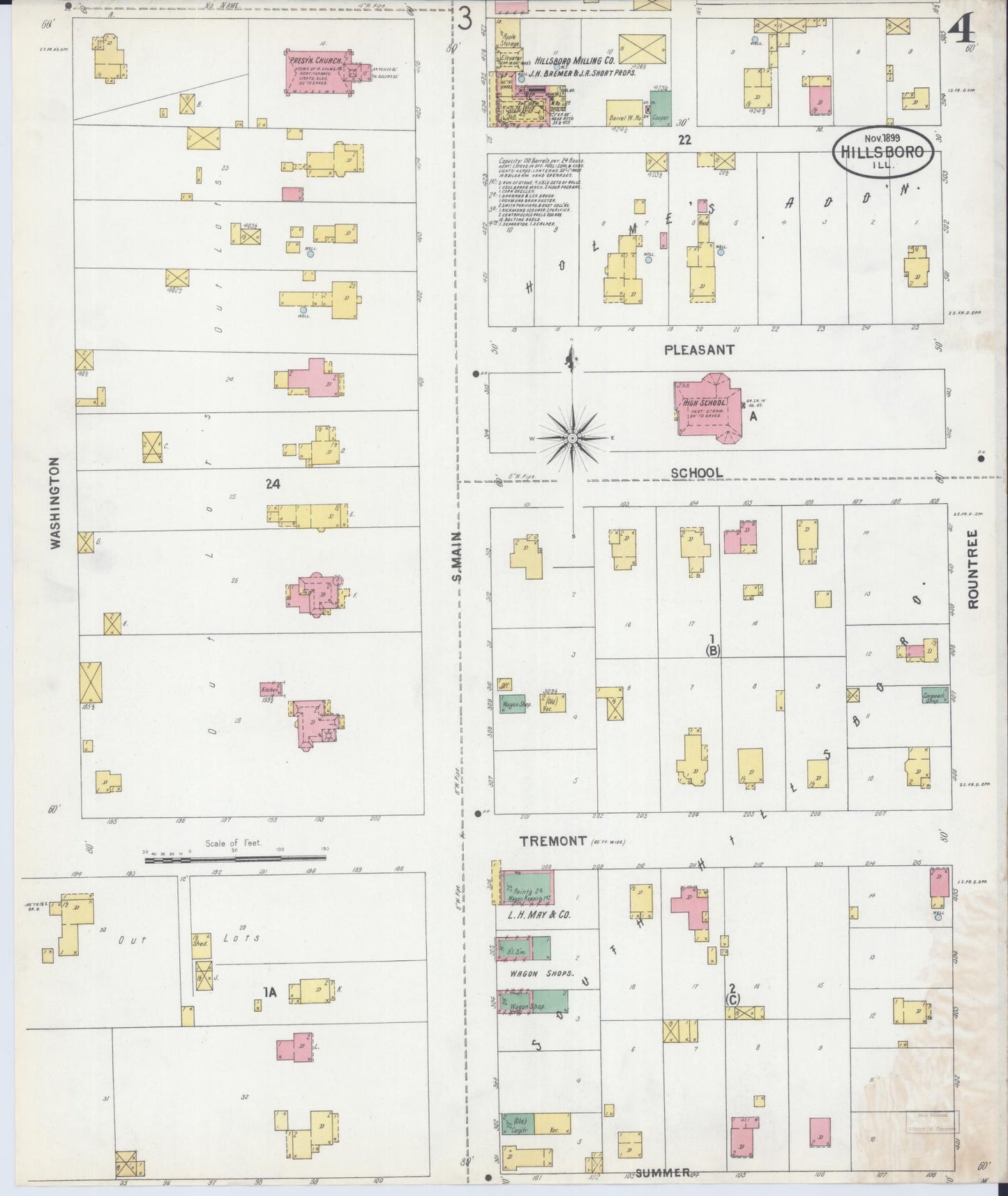 Sanborn Fire Insurance Map from Hillsboro, Montgomery County, Illinois (1899), Sheet #0004 - Complete Map Set gallery image, historic Sanborn map, vintage wall art, Illinois Illinois