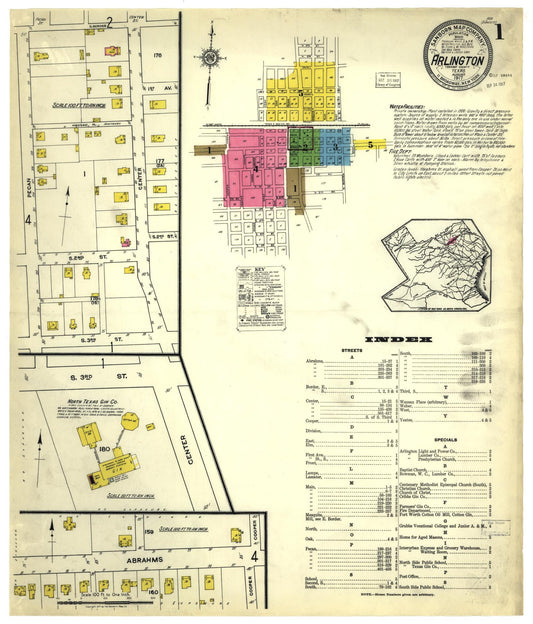 Sanborn Fire Insurance Map from Arlington, Tarrant County, Texas (1917), Sheet #0001 - Historic Sanborn Fire Insurance Map Print, vintage old map wall art, antique decor, genealogy gift, Texas Texas map