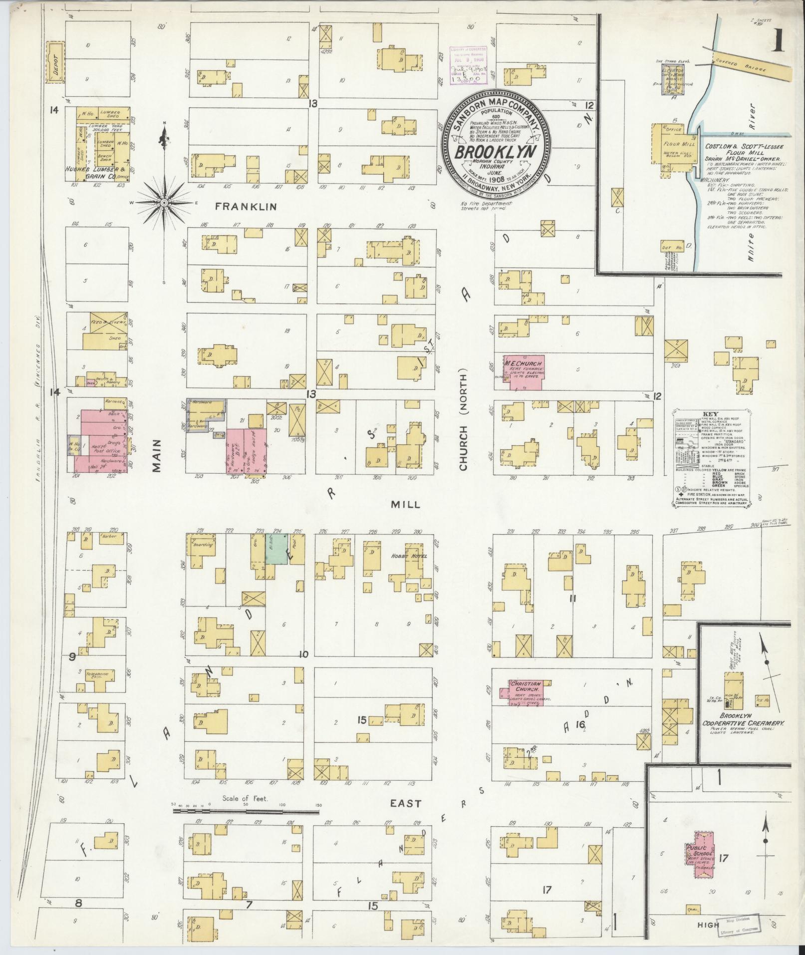 Sanborn Fire Insurance Map from Brooklyn, Morgan County, Indiana (1908), Sheet #0001 - Complete Map Set gallery image, historic Sanborn map, vintage wall art, Indiana Indiana