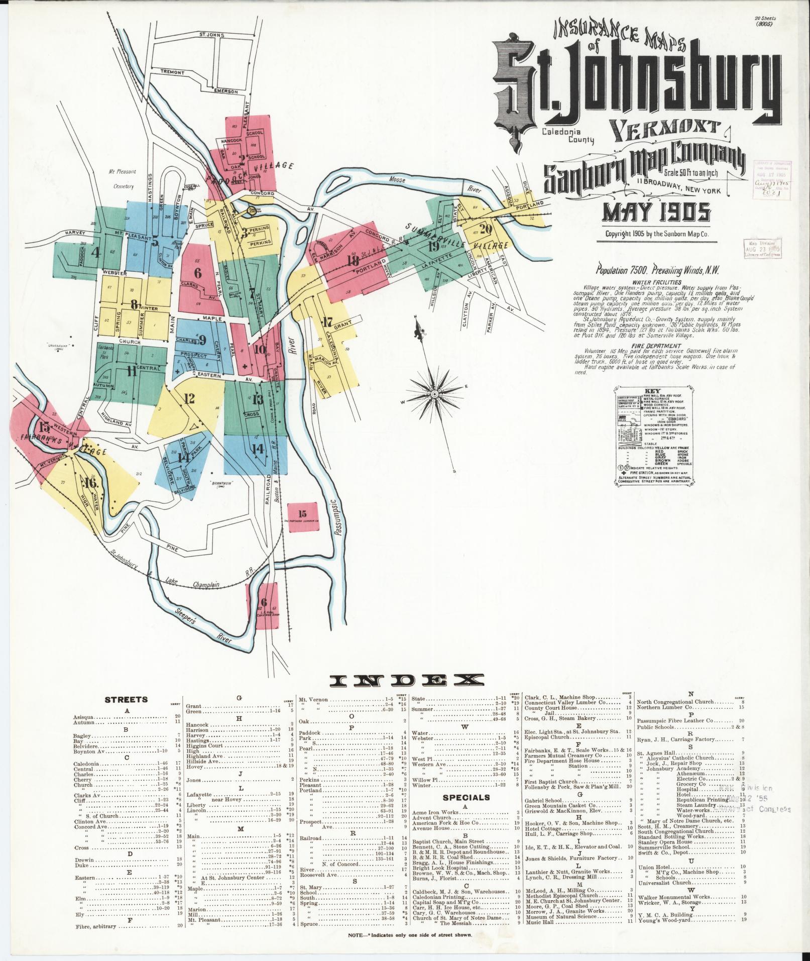 Sanborn Fire Insurance Map from Saint Johnsbury, Caledonia County, Vermont (1905), Sheet #0001 - Historic Sanborn Fire Insurance Map Print, vintage old map wall art, antique decor, genealogy gift, Vermont Vermont map