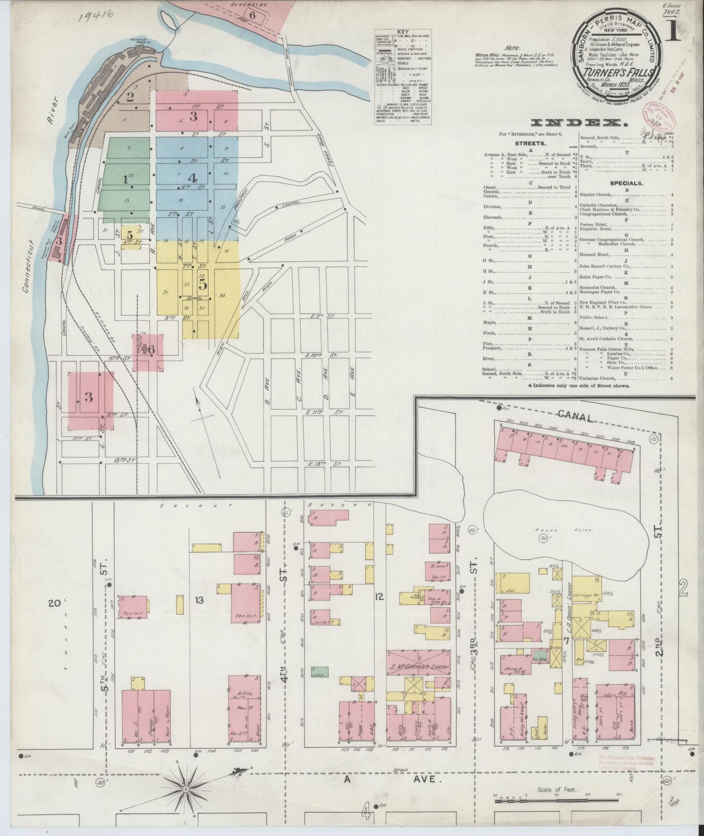 Sanborn Fire Insurance Map from Turners Falls, Franklin County, Massachusetts (1895), Sheet #0001 - Complete Map Set gallery image, historic Sanborn map, vintage wall art, Massachusetts Massachusetts
