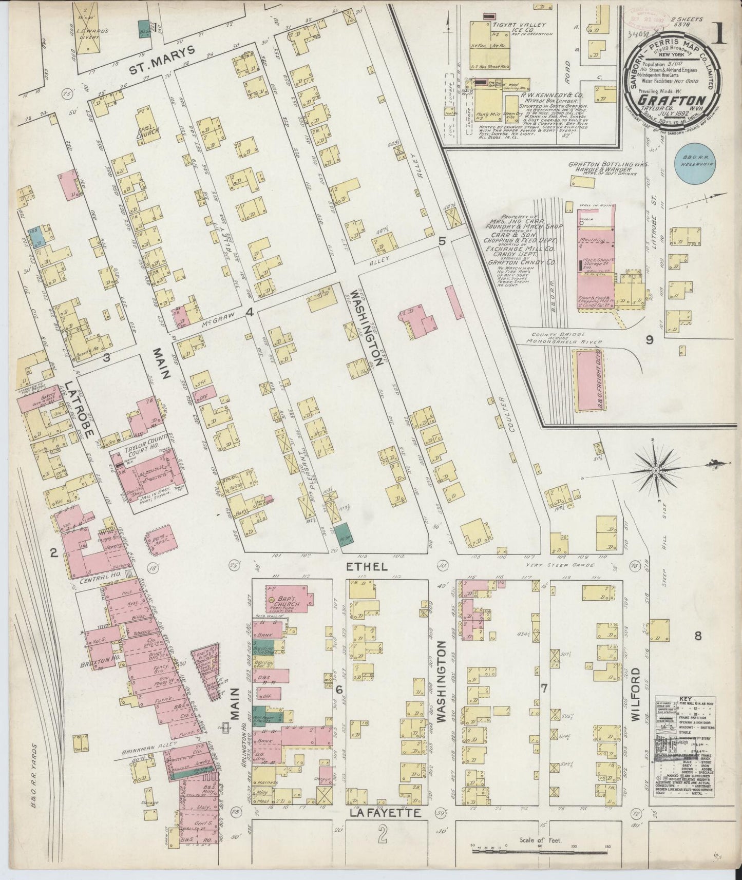 Sanborn Fire Insurance Map from Grafton, Taylor County, West Virginia (1892), Sheet #0001 - Complete Map Set gallery image, historic Sanborn map, vintage wall art, West Virginia West Virginia
