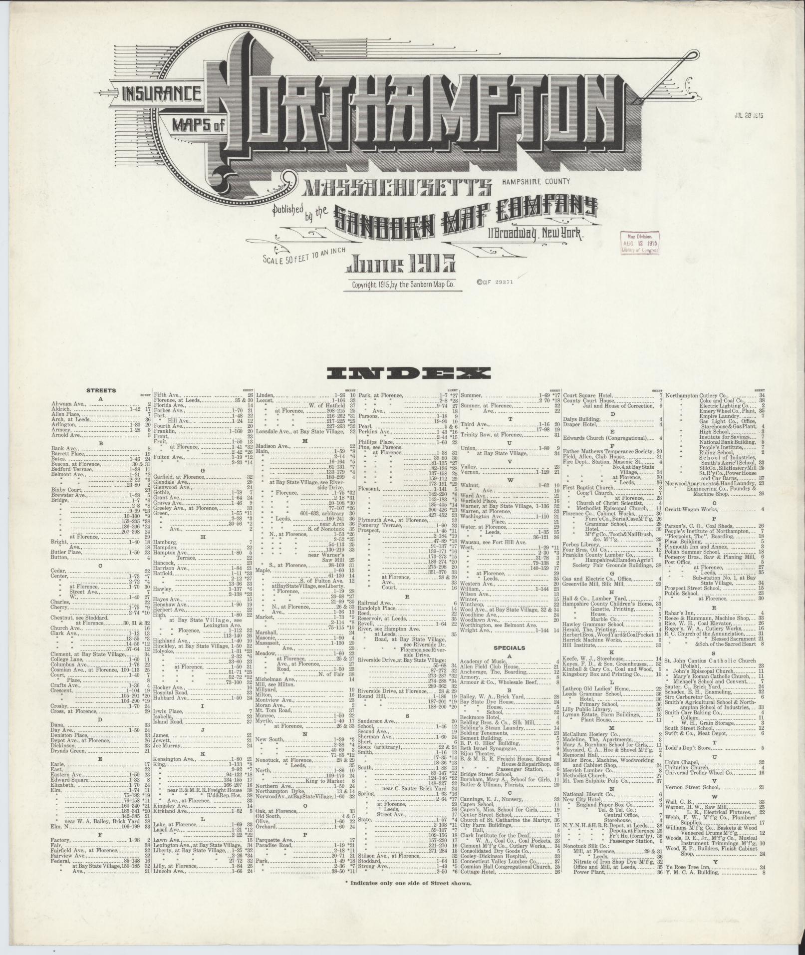 Sanborn Fire Insurance Map from Northampton, Hampshire County, Massachusetts (1915), Sheet #0001 - Historic Sanborn Fire Insurance Map Print, vintage old map wall art, antique decor, genealogy gift, Massachusetts Massachusetts map