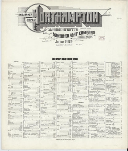 Sanborn Fire Insurance Map from Northampton, Hampshire County, Massachusetts (1915), Sheet #0001 - Historic Sanborn Fire Insurance Map Print, vintage old map wall art, antique decor, genealogy gift, Massachusetts Massachusetts map