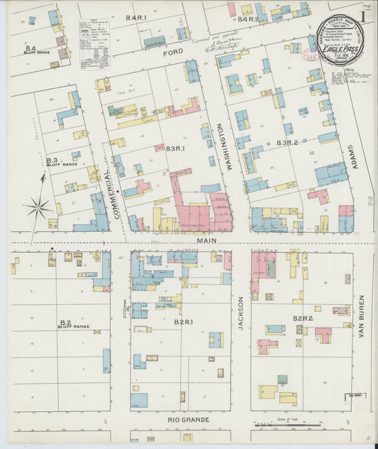 Sanborn Fire Insurance Map from Eagle Pass, Maverick County, Texas (1894), Sheet #0001 - Historic Sanborn Fire Insurance Map Print, vintage old map wall art, antique decor, genealogy gift, Texas Texas map