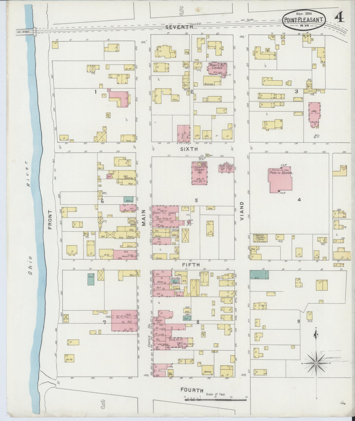 Sanborn Fire Insurance Map from Point Pleasant, Mason County, West Virginia (1894), Sheet #0004 - Historic Sanborn Fire Insurance Map Print, vintage old map wall art, antique decor, genealogy gift, West Virginia West Virginia map