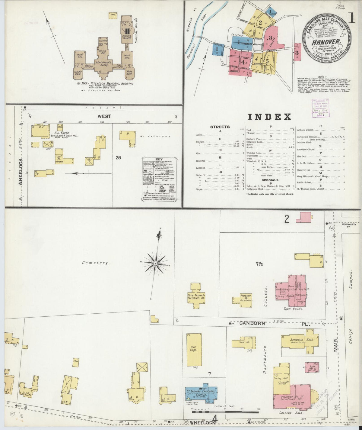 Sanborn Fire Insurance Map from Hanover, Grafton County, New Hampshire (1904), Sheet #0001 - Complete Map Set gallery image, historic Sanborn map, vintage wall art, New Hampshire New Hampshire