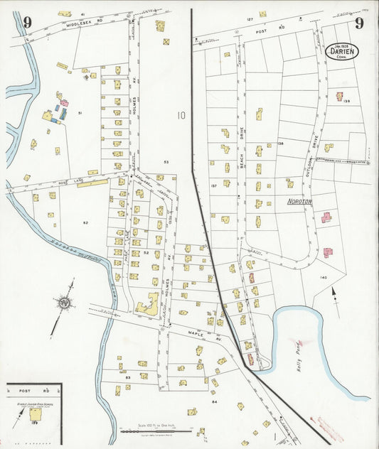 Sanborn Fire Insurance Map from Darien, Fairfield County, Connecticut (1928), Sheet #0009 - Historic Sanborn Fire Insurance Map Print, vintage old map wall art, antique decor, genealogy gift, Connecticut Connecticut map