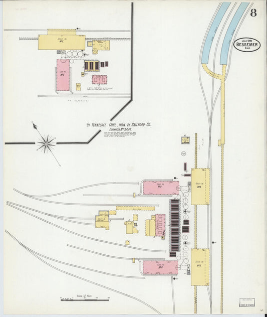 Sanborn Fire Insurance Map from Bessemer, Jefferson County, Alabama (1899), Sheet #0008 - Historic Sanborn Fire Insurance Map Print, vintage old map wall art, antique decor, genealogy gift, Alabama Alabama map