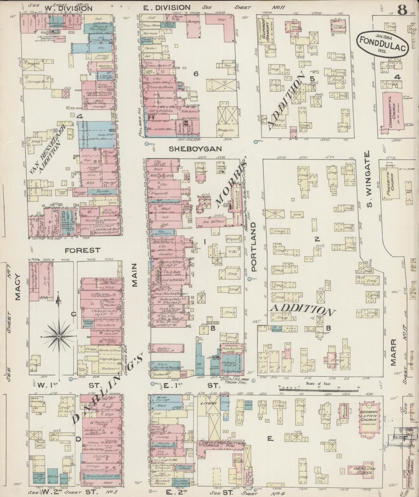 Sanborn Fire Insurance Map from Fond du Lac, Fond du Lac County, Wisconsin (1884), Sheet #0008 - Historic Sanborn Fire Insurance Map Print, vintage old map wall art, antique decor, genealogy gift, Wisconsin Wisconsin map